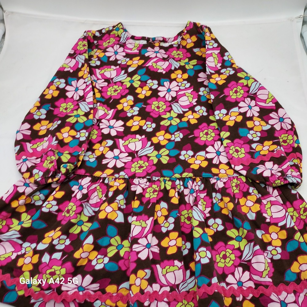 Hanna Andersson Girls‎ Floral Long Sleeve Cotton Dress Brown Pink Size 100 4T